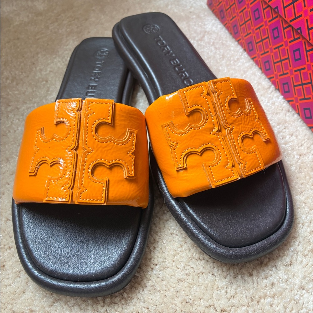 Tory Burch Black and Orange Slide Sandals